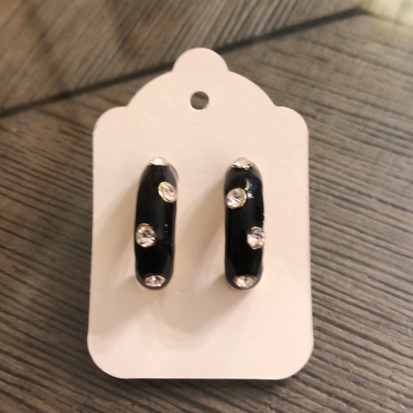 Vintage Black Enamel & Rhinestone Half Hoops - Picture 2 of 13